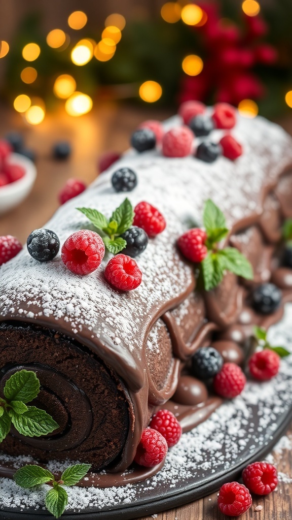 Festive Christmas Aesthetic Dessert Recipe A festive chocolate Yule log cake decorated with powdered sugar, berries, and mint leaves, set against a cozy holiday backdrop.